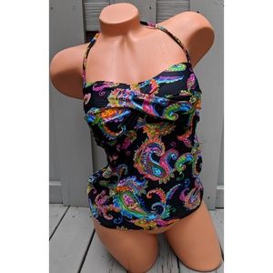 American Living Tankini Swim Top Black Paisley 10
